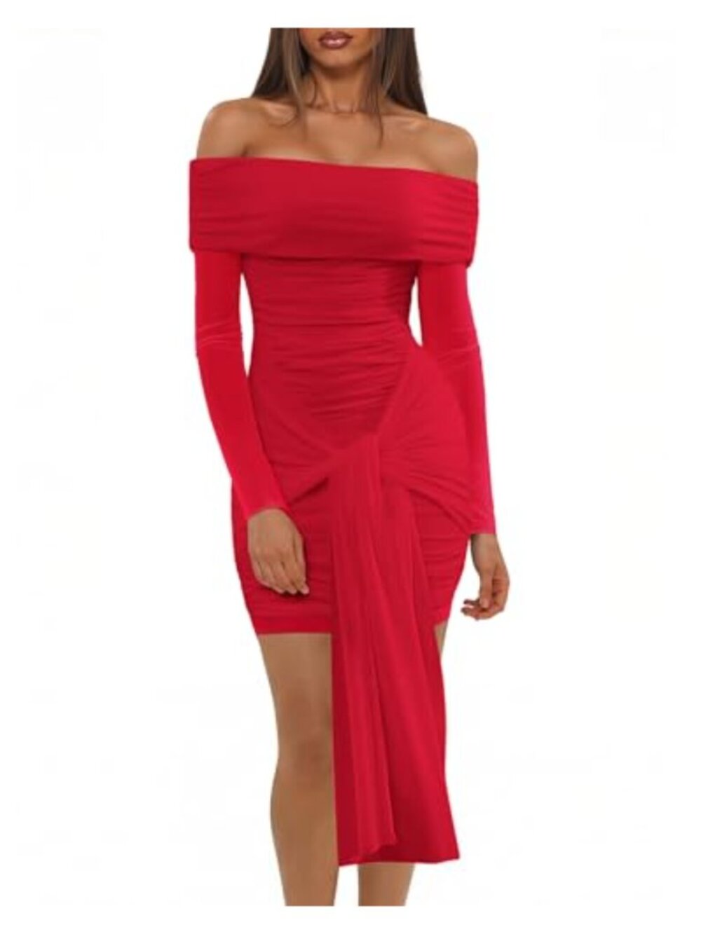 Off Shoulder Mesh Dress Long Sleeve Ruched Bodycon Formal